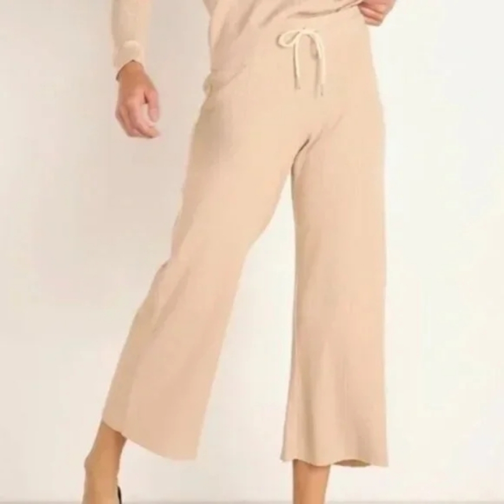 Mate The Label Cropped Waffle Knit Thermal Lounge Pant Elastic Waist Beige Small